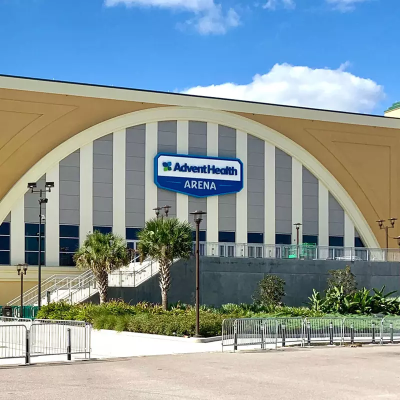 A front facade photo of the AdventHealth Arena at Walt Disney World