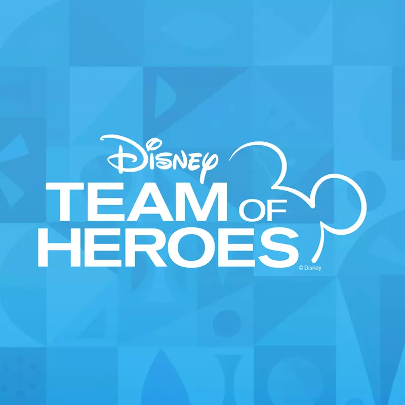 Disney Team of Heroes logo on a blue It's a Small World themed background.