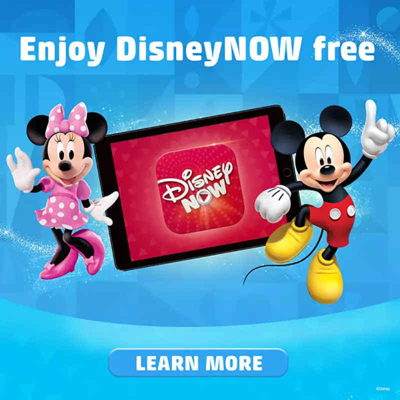 Mickey and Minnie Mouse with a DisneyNow App open on a tablet behind them.