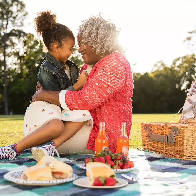 A grandmother having a picnic with her grand-daughter at the park.