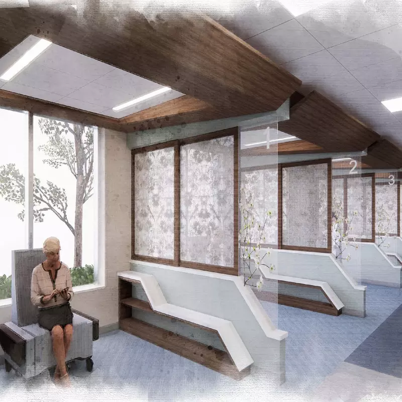 The cancer center will feature an expanded number of clinic rooms and a fifty percent increase in the number of private infusion bays to accommodate more patients. 