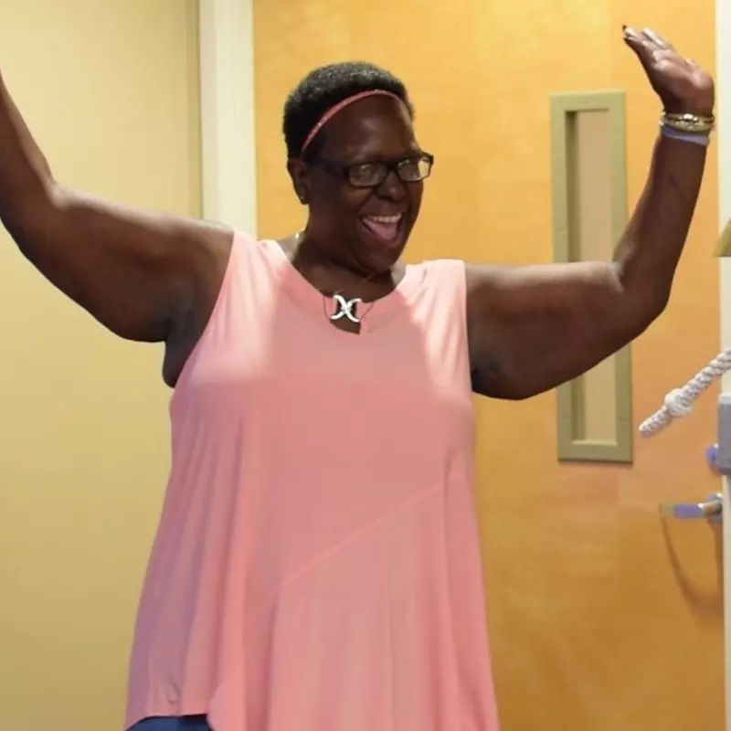 Phyllis Little celebrates the completion of her breast cancer treatment.