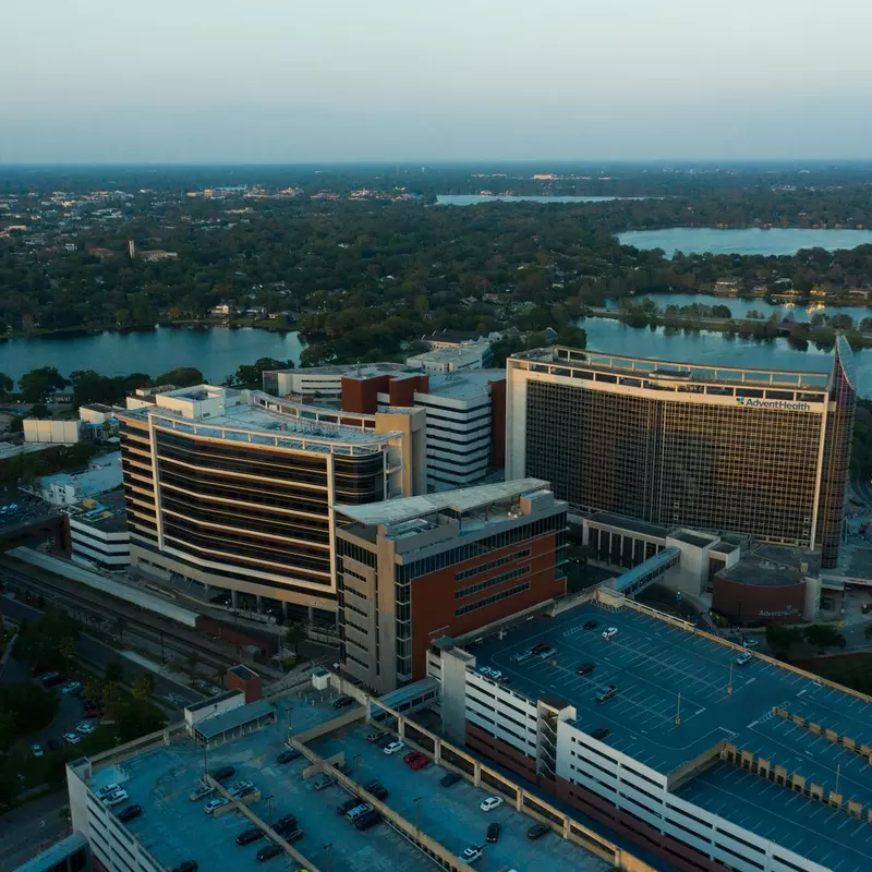 Drone image of AdventHealth Orlando campus and surround