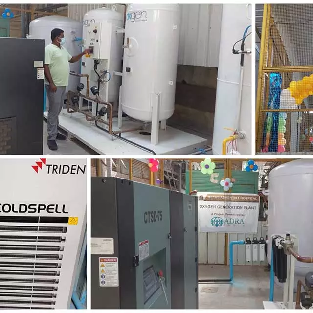 A collage showcasing the new installation of an oxygen plant for India