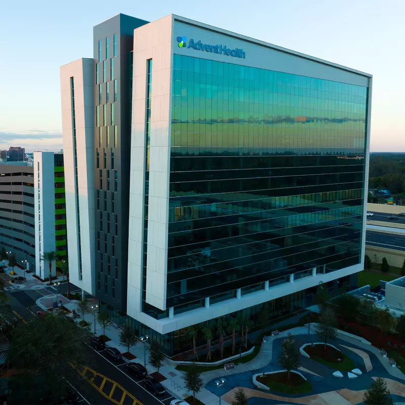 Exterior aerial view of AdventHealth Innovation Tower.