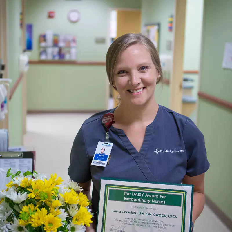 AdventHealth honors Laura Chambers, RN, BSN, CWOCN, CFCN, with The DAISY Award for her exceptional nursing care. 