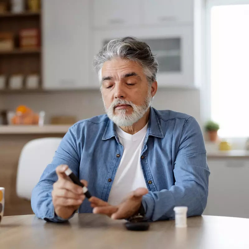 Man sitting in a kitchen using a glucose monitor.