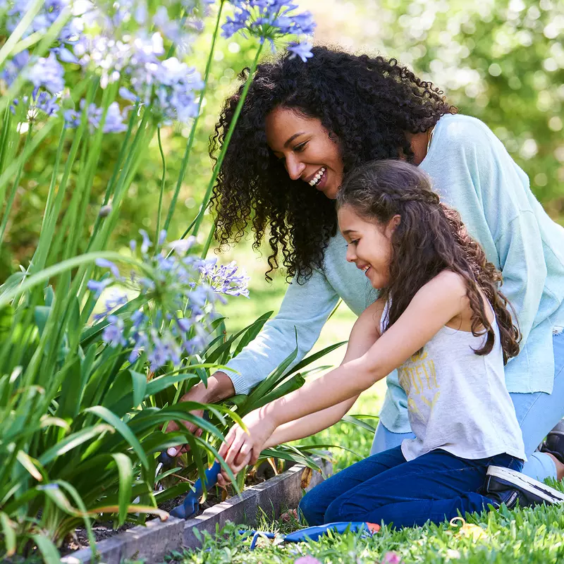 Mother and daughter gardening in a flower bed.