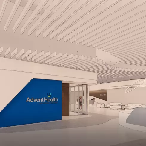 AdventHealth blue wall in lobby rendering of New Tampa Care Pavilion 