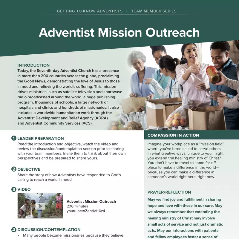 Getting to Know Adventists Team Member Series Adventist Mission Outreach sheet.