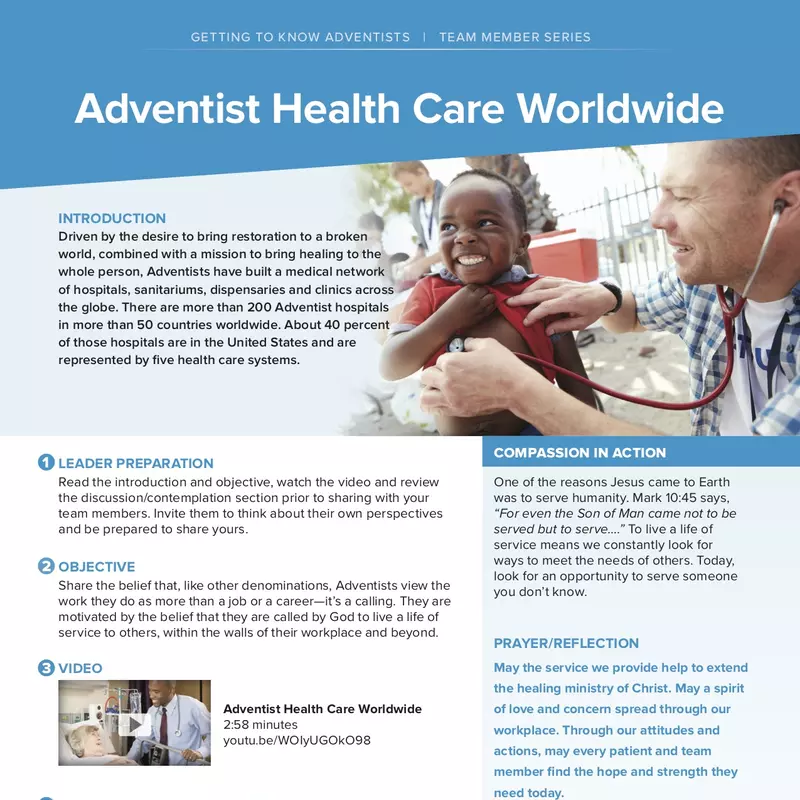 Getting to Know Adventists Team Member Series Adventist Health Care Worldwide sheet.