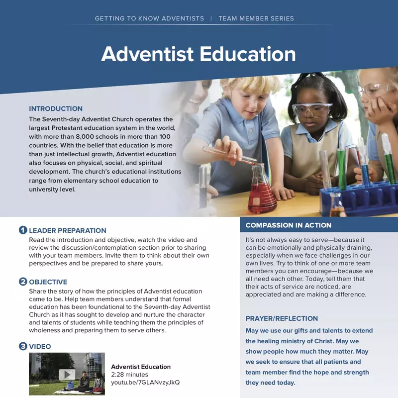 Getting to Know Adventists Team Member Series Adventist Education sheet.