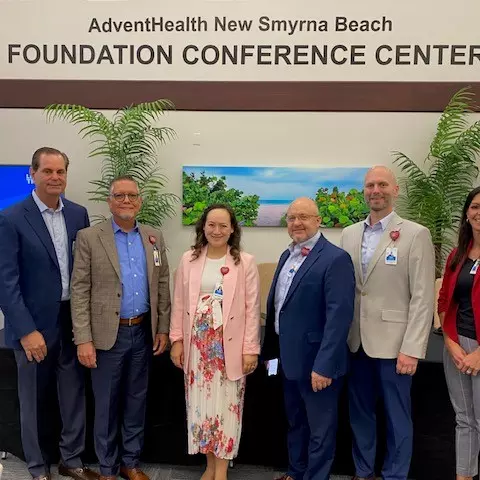  AdventHealth New Smyrna Beach recently held the annual State of the Hospital event, highlighting the hospital's medical advancements and community impact. From left to right:  David Goldman, DO, chief medical officer; Dennis Hernandez, MD, chief executive officer; Khelsea Bauer, chief operating officer; Kenneth zill, chief financial officer; Travis Williams, director, Human Resources; and Carla Johnson, MSN, RN, executive director of Nursing and Clinical Operations.