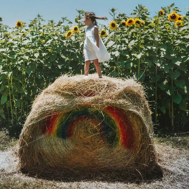 A little girl standing on top of a bale of hay in a field of sunflowers.