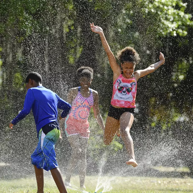 Young African American children run and jump through an outdoor sprinkler.