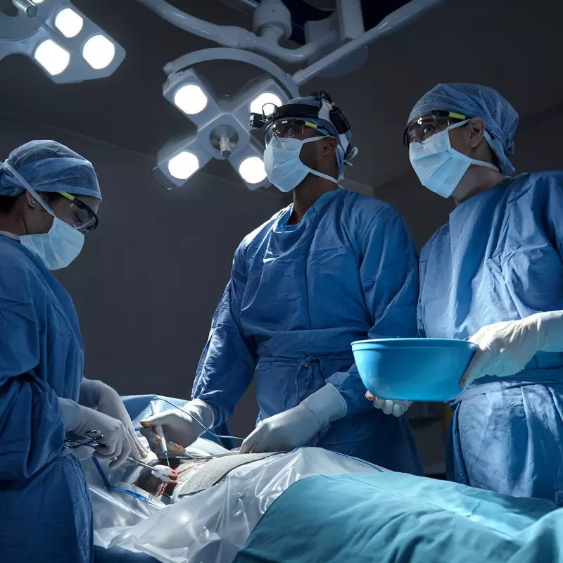 Surgeons performing a surgery in an operating room.