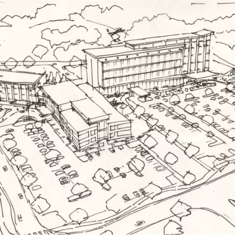 Pen and ink drawing of future AdventHealth Asheville