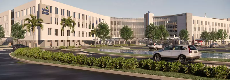 A render of the front entrance of AdventHealth Riverview