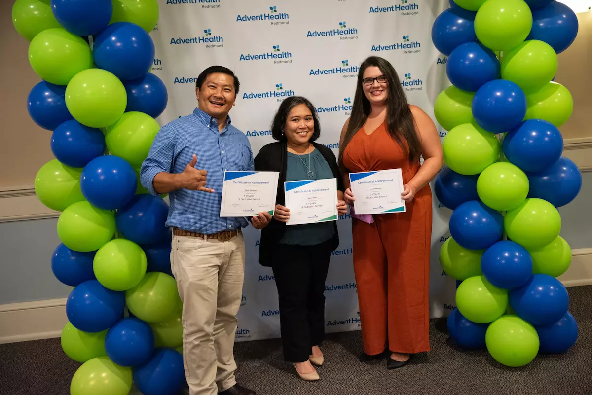 Peter Kim Acas, Pauline Prince and Susanna Krouse were honored at the AdventHealth Redmond Service Awards in recognition of their five years of service.