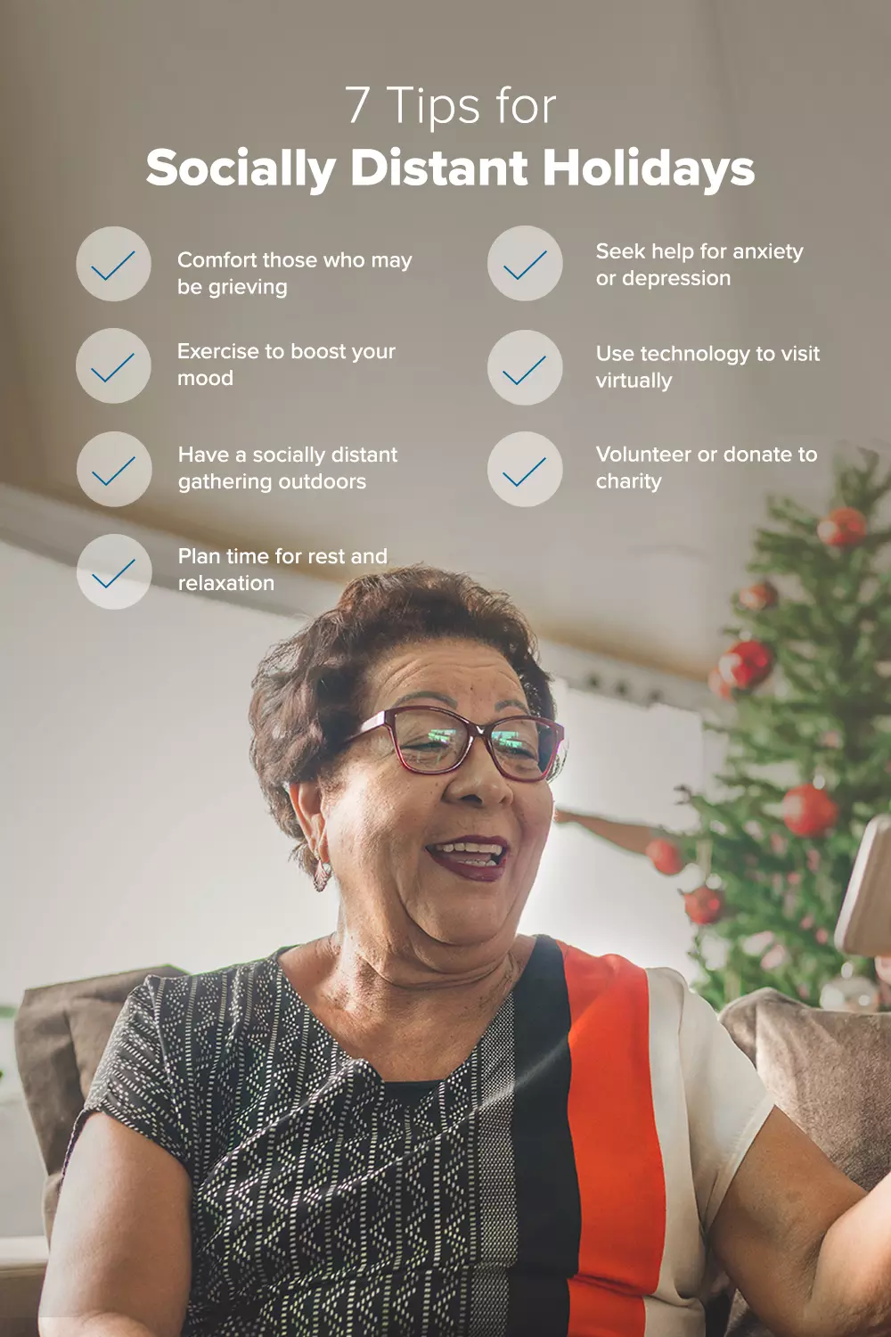 An infographic with 7 tips for socially distant holidays.