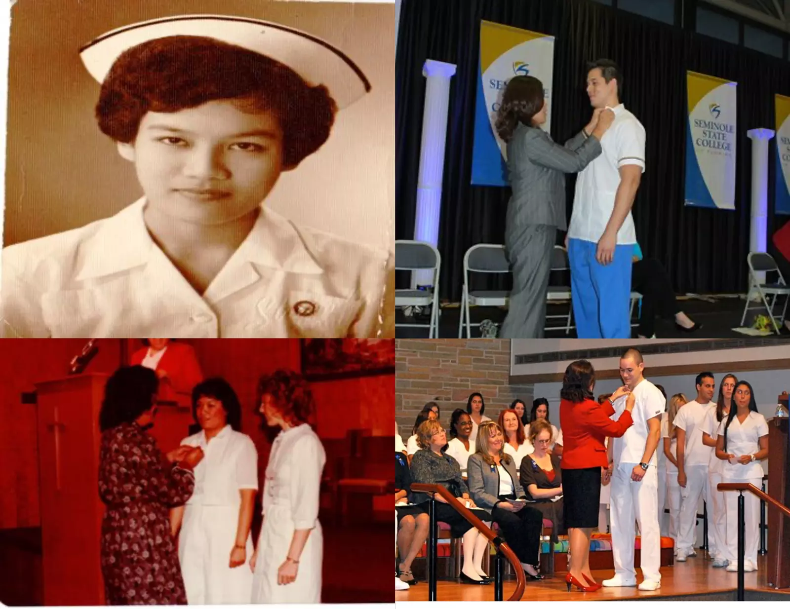 The photo grid shows a series of pinning ceremony events, including Lowe’s mother pinning her as well as Lowe pinning her two sons.