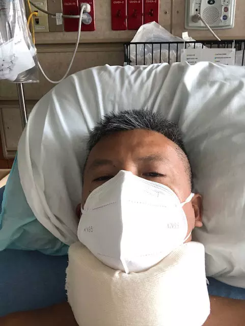 Ryan Nguyen twenty-four hours after his spinal surgery