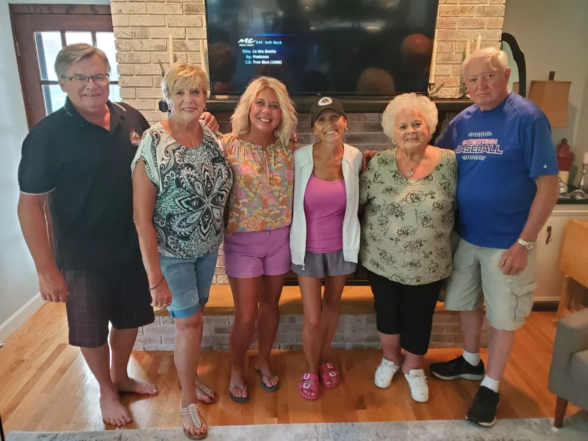 Prill said her Aunt Patti and Cousin Kathy were a major source of support during her cancer battle. (From L-R) Patti's Husband Lohny, Patti, Amy Prill, Amy's cousin Kathy, and Kathy's parents Judy and Wes. Photo courtesy of Amy Prill.