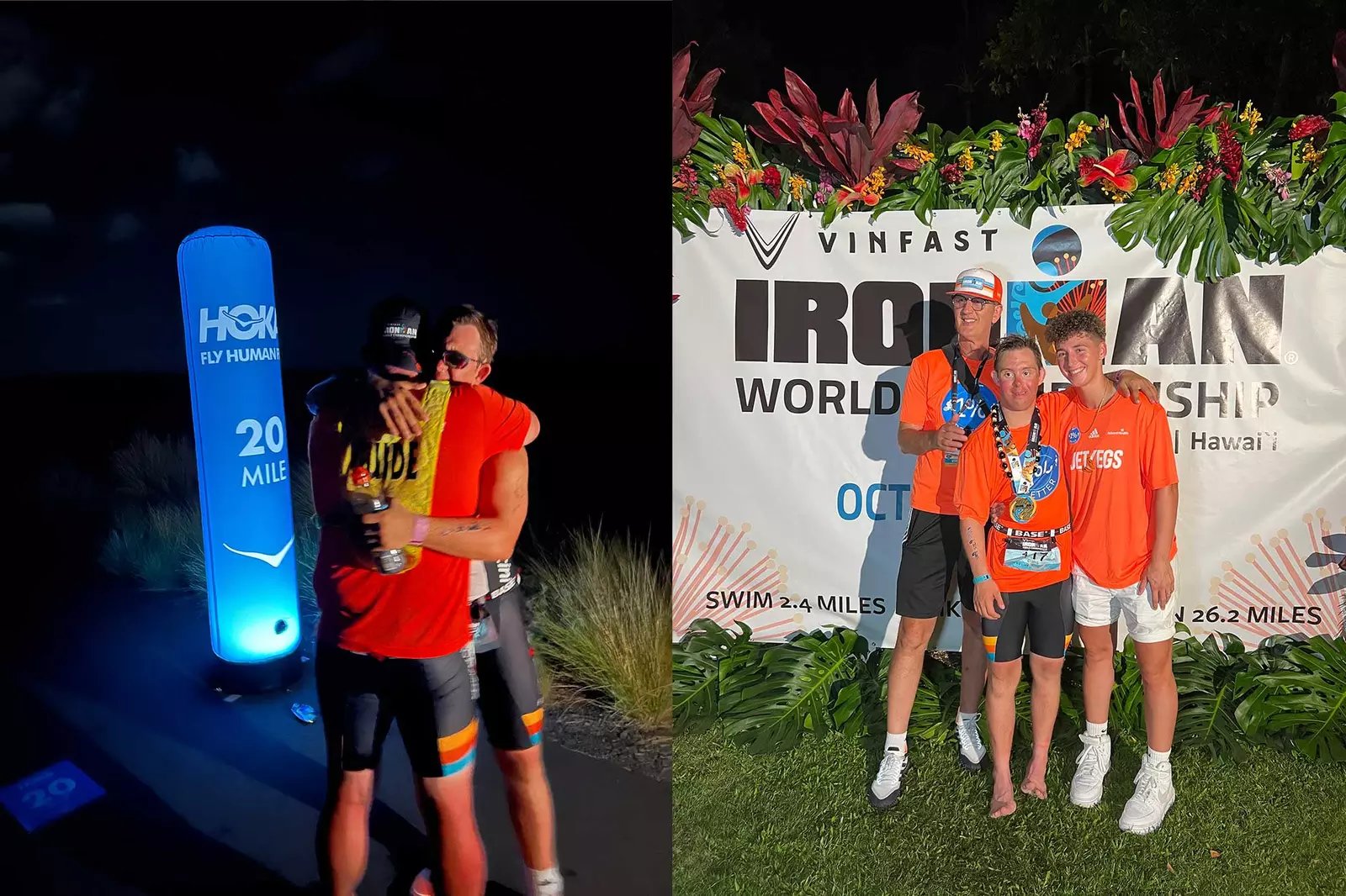 Chris Nikic hugs a supporter and stands in front of the finisher banner at the IRONMAN World Championship.