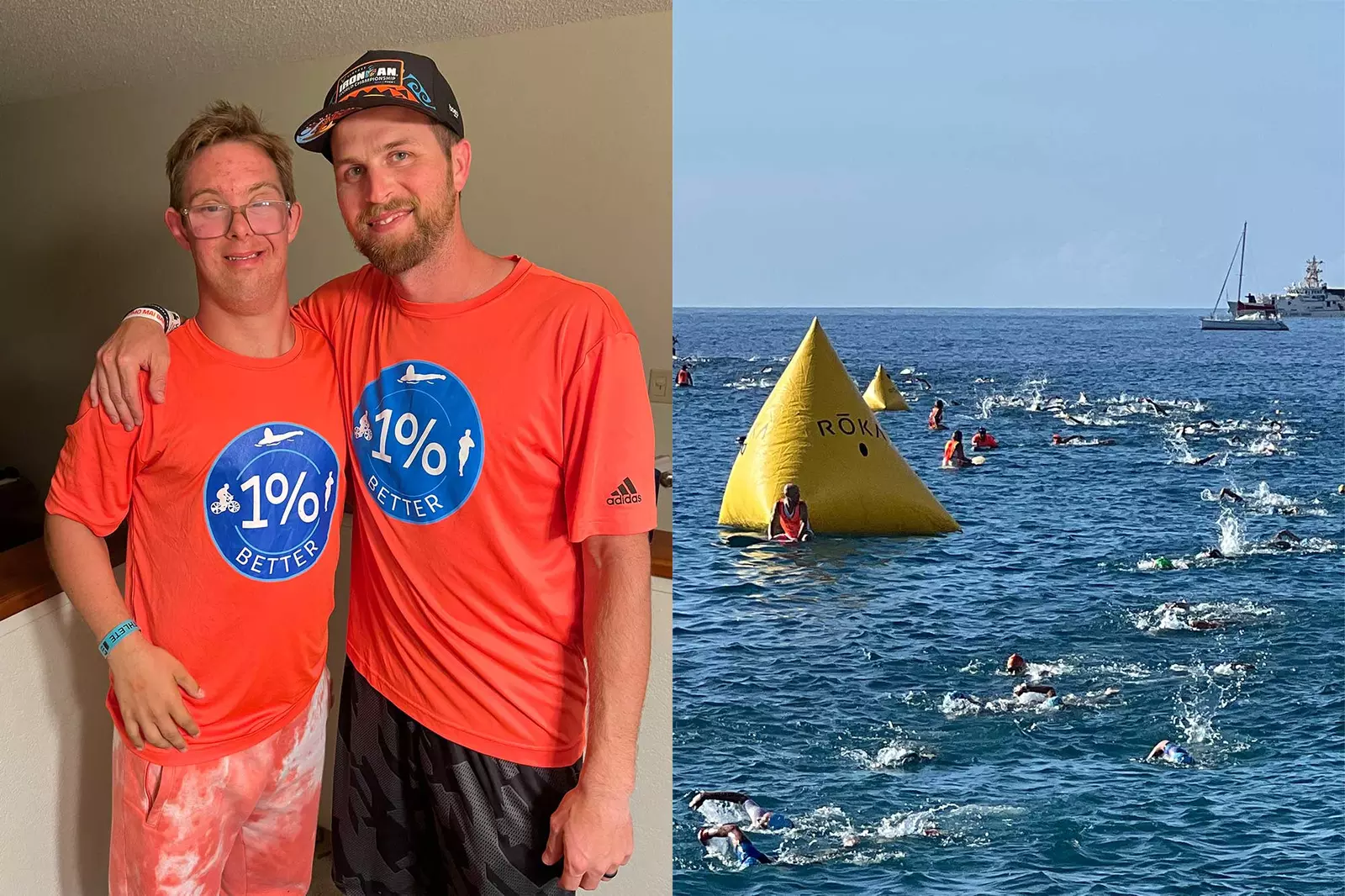 Trevor Hicks and Chris Nikic before and during the 2.4-mile swim in Kailua Bay.