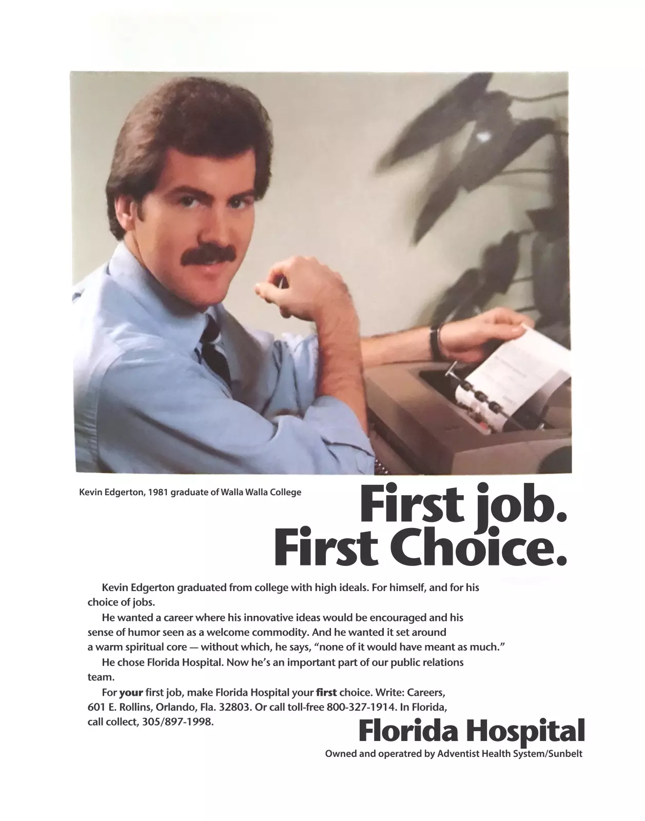 Florida Hospital recruitment ad from 1980s featuring Kevin Edgerton