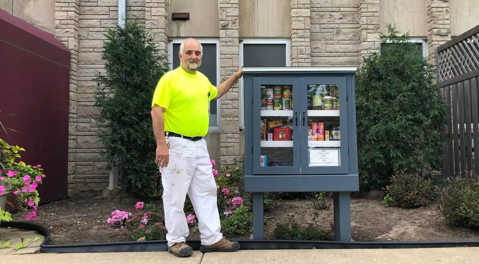 The micropantry built by AdventHealth Hinsdale team member Mark Fialkowski encourages people to “Take what you need. Leave what you can.”