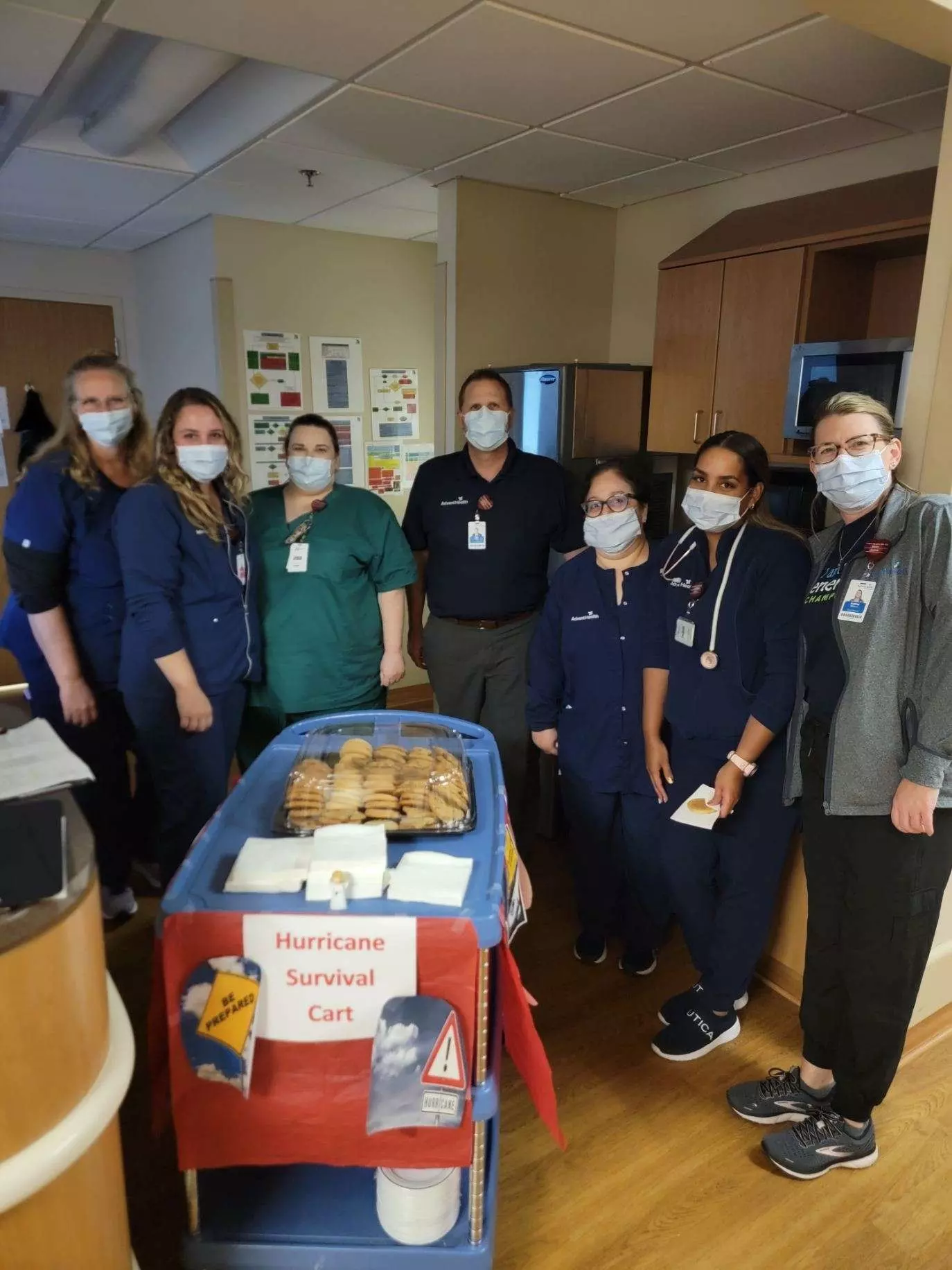 At AdventHealth Heart of Florida, fresh cookies were baked for team members and distributed on a “hurricane survival cart” to bring cheer as wind and rain battered the area.