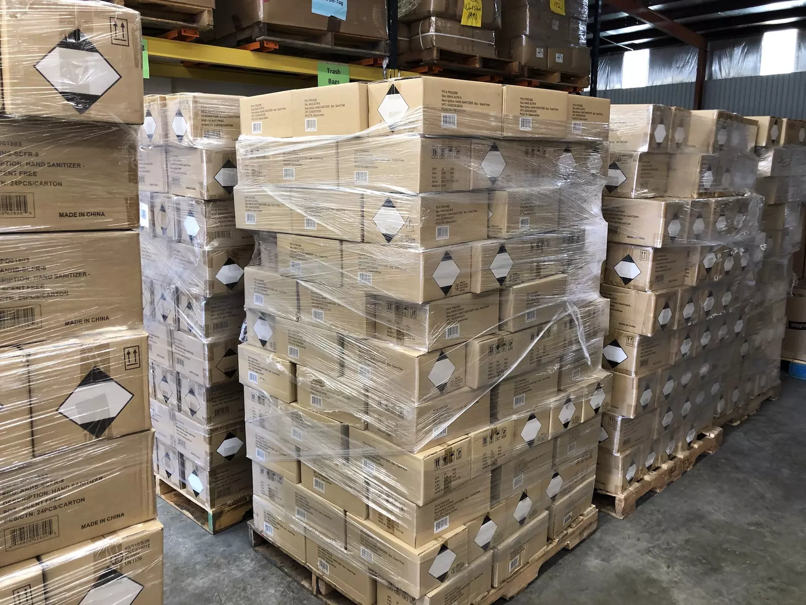 Pallets of hand sanitizer donations.