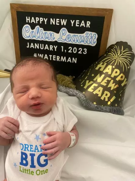 Colton Christopher-Arden Leavitt, the first baby born in 2023 at AdventHealth Waterman.
