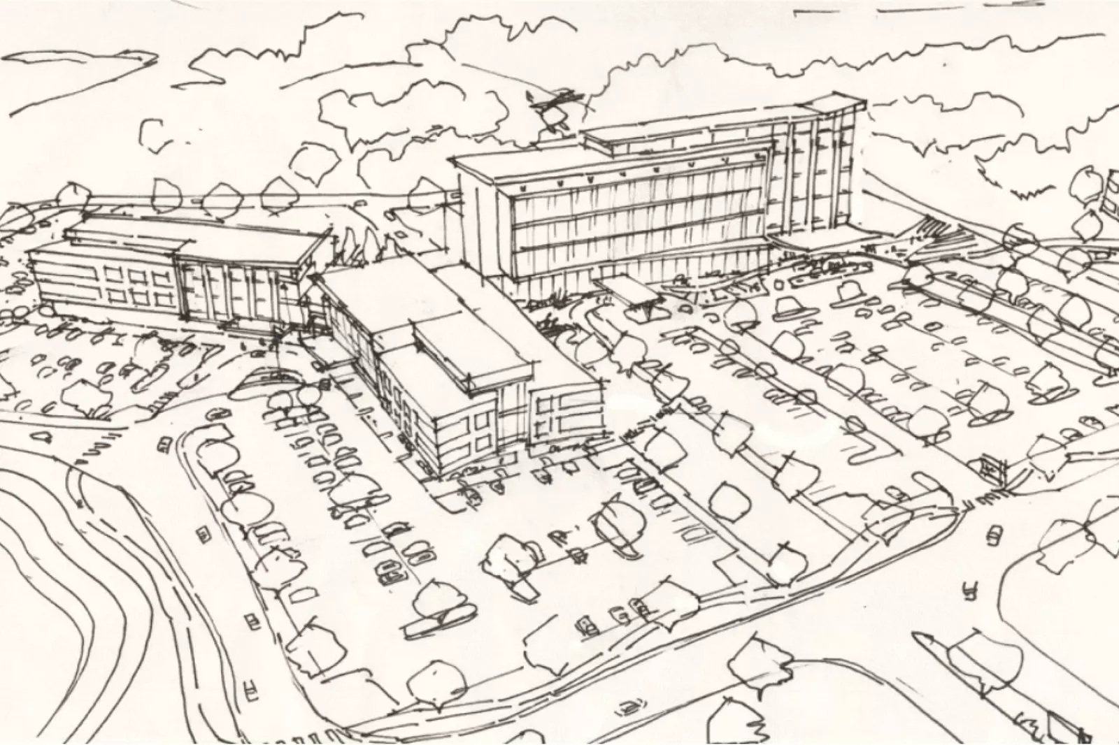 Pen and ink drawing of future AdventHealth Asheville